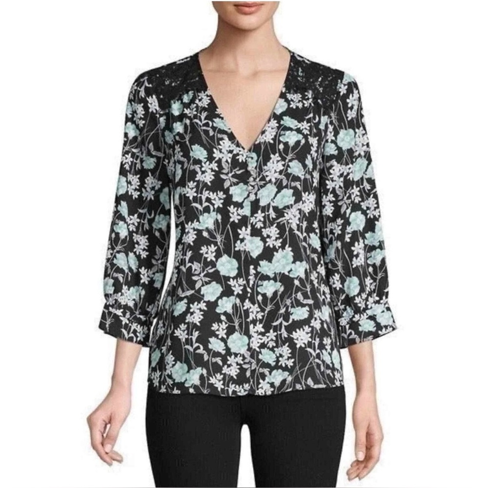Karl Lagerfeld Paris Faux Pearl Embellished Floral Black Blue Top Lace Detail XL